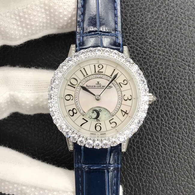 Réplica de lujo de GF Jaeger-LeCoultre Rendez-Vous Series para mujer con esfera blanca y correa de cuero azul con movimiento de precisión