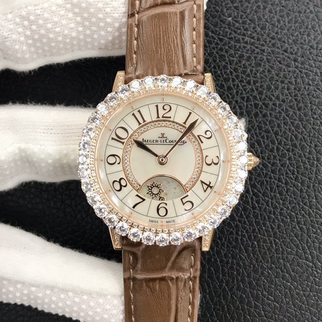 GF Factorytop-tier replica watch Jaeger-LeCoultre women's white dial brown belt dating series mechanical leather strap watch front view