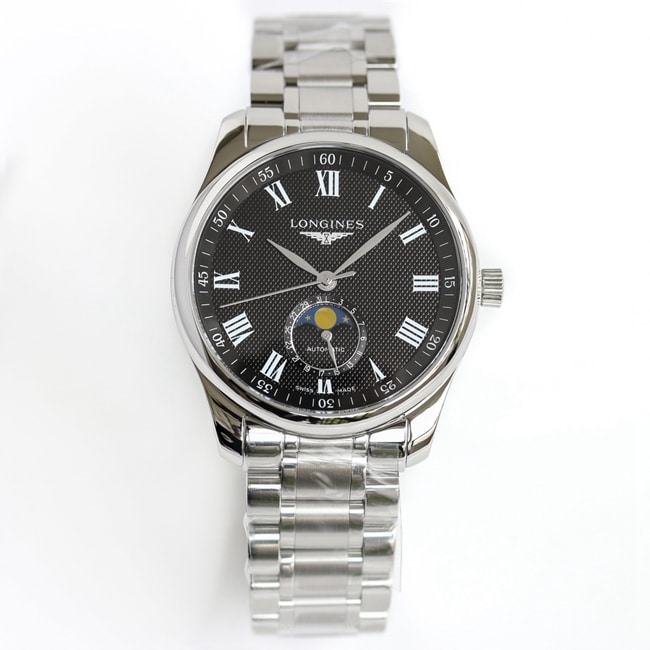 GF Factory Top Replica Longines Master Collection Moon Phase 42mm Men's Black Disc Steel Strap Mechanical Wristwatch