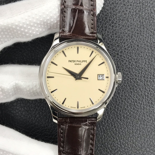 3K factory Patek Philippe Patek Philippe men's classic Calatrava Series 1:1 super A super clone watch with beige dial and strap buckle, model 5227