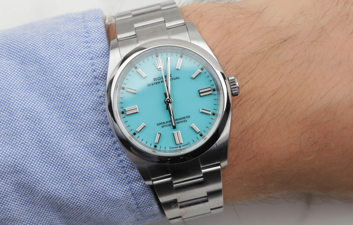 Das auffällige türkisfarbene Zifferblatt der Rolex Oyster Perpetual: Tiffany-Blau oder Zufall?