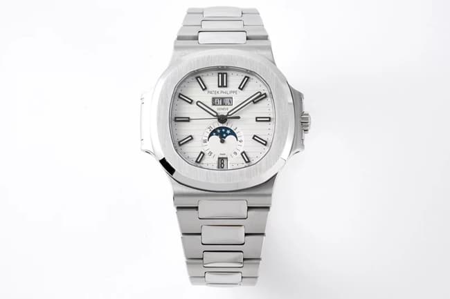 PPF Factory Patek Philippe Nautilus Sporty Elegance Replica Watch Silver-White Dial Moon Phase Annual Calendar Steel Bracelet 5726/1A-010