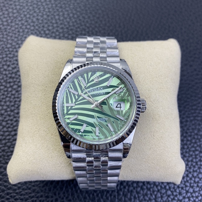 2021 Top-Replika-Uhren der Rolex Logbook-Serie, 36 mm, olivgrüne, mit Dschungel-Palmblättern gemusterte Scheibenuhr, wunderbare Details