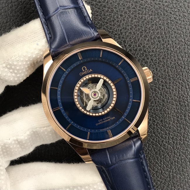 Automatisches De-Ville-Tourbillon von Omega mit blauem Zifferblatt und blauem Armband für Herren mit feiner Fabrikimitat-Handwerkskunst