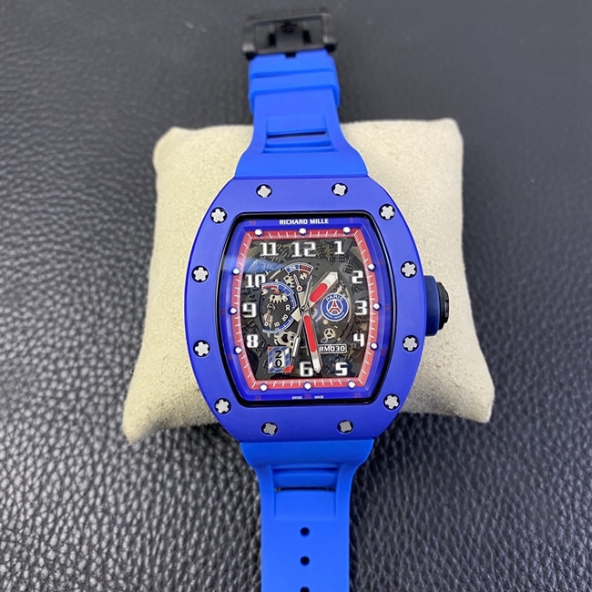 Top Réplica Richard Mille RM030 Masculino Placa Preta Azul Faixa De Borracha Relógio Mecânico Automático Qualidade