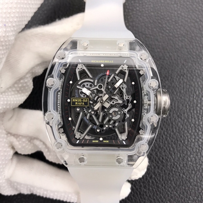 Top Super Clone Richard Mille RM055 Glass Transparent Series Men's Black Disc Rubber Strap Watch with Skeletonized Design