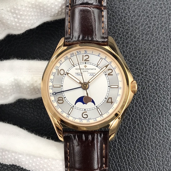 ZF Factorytop-tier Collectwatch Vacheron Constantin men's white dial brown belt Wu Luzhi type series full date display moon phase watch front view