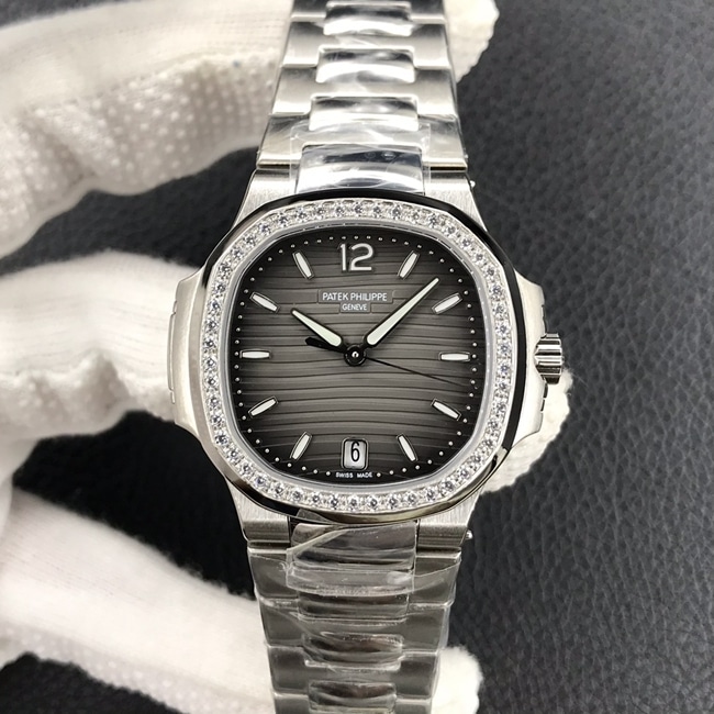 PF Factory Patek Philippe 7118/1200A-011 Women's Sport Elegance Super A super clone Watch, Gray Black Gradient Dial with Diamond Ring Steel Strap, MIYOTA 9015 Self-Winding