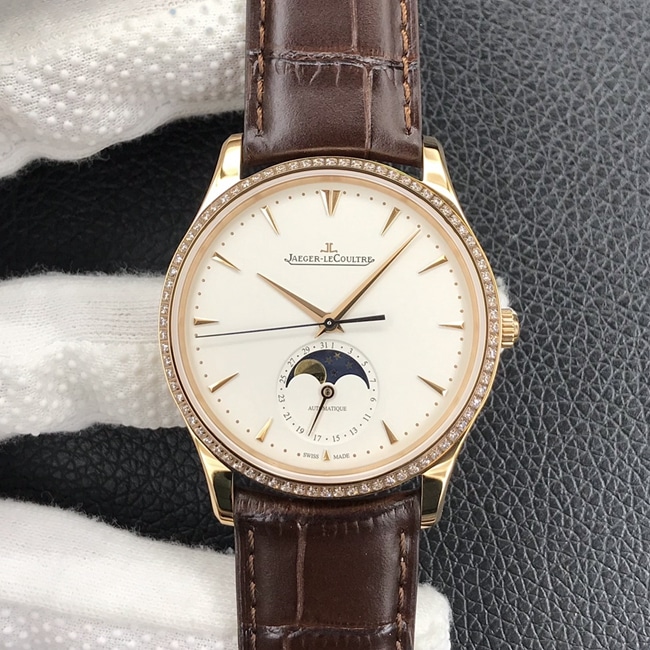 GF Jaeger-LeCoultre Moonphase Master Series Men's White Plate Brown Belt Mechanical Watch with CNC Precision Molding