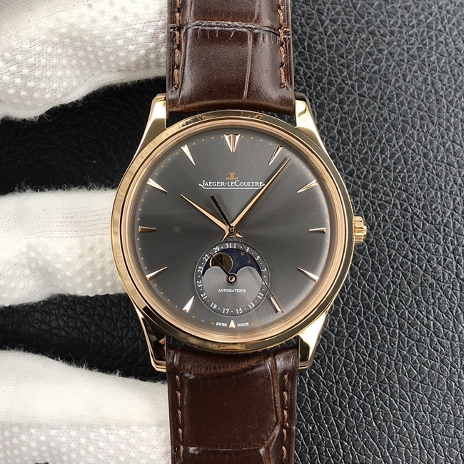 GF GF Jaeger-LeCoultre Master Series Automatic Mechanical Men's Black Plate Brown Leather Strap Moonphase Watch Jaeger-LeCoultre