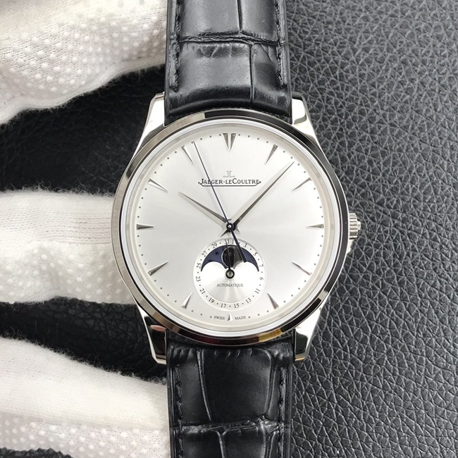 GF FactoryJaeger-LeCoultretop-tier replica watch men's white dial black belt formal watch master series mechanical leather strap watch front view
