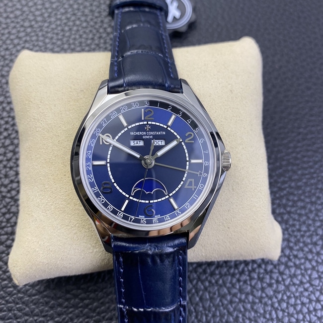 ZF Factory Top Replica Vacheron Constantin Men's Blue Dial Blue Strap Fiftysix Series Complete Calendar Moon Phase Watch Front View