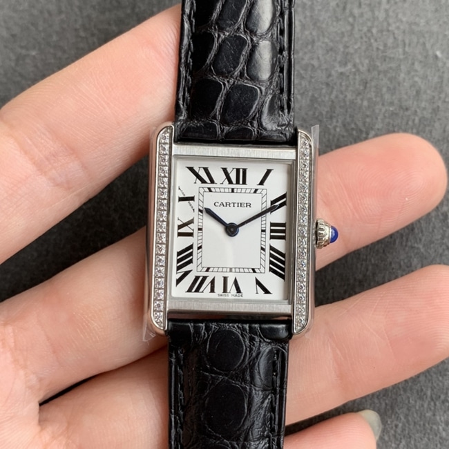 K11 factory's premium super clone Cartier Tank series women's white dial black leather strap watch