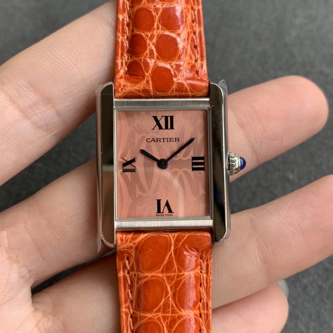 K11 Factory's Superior Cartier Women's Tank Series: Pink Dial, Orange Leather Strap & Automatic Mechanical Excellence