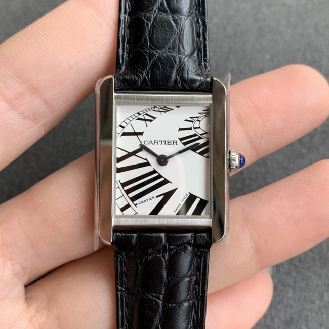 Relógio K11 Factory Super Clone Cartier feminino com mostrador branco e pulseira de couro preto da série Tank - atualização V2