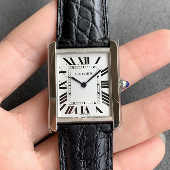 K11 factory Cartiertop-tier Collectwatch women's white dial black belt tank series leather strap watch front view