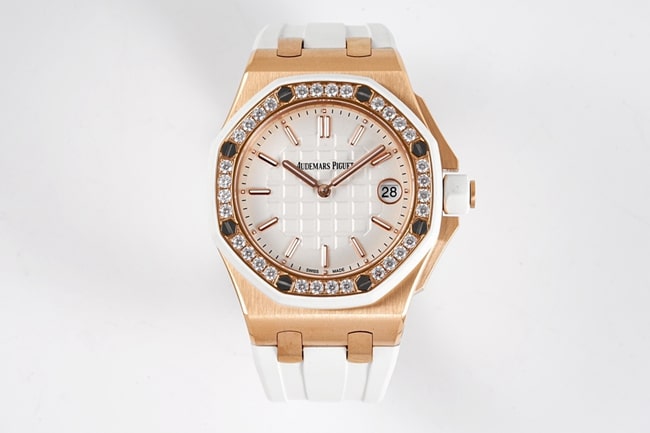 Audemars Piguet Royal Oak Offshore 37mm Women's Quartz Watch with Brilliant Diamond Bezel and White Rubber Strap
