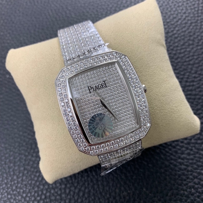 Top CollectPiaget women's watch, white dial, steel strap, Extraordinary Treasures collection, full diamond watch, front view.