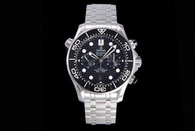 OM Factory Top CollectWatches Omega Omega Men's Black Plate Steel Strap 44mm Seamaster 300M 44mm Chronograph Watch with Translucent Gloss Porcelain Dial