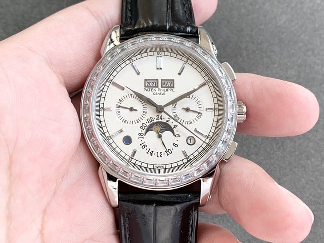 Patek Philippe Men's Grande Complications Chronograph 1:1 Super A Replica Watch with White Dial, Diamond Ring, V3 Buckle Upgraded Original Open Mold Perpetual Calendar Strap