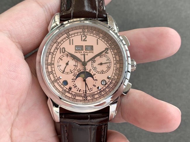 Patek Philippe Men's Super Complications Chronograph 1:1 Super Clone Faux Watch Honey Gold Luminescent Dial Perpetual Calendar Belt Model 5270P-001 with V3 Buckle Upgraded Open Mold