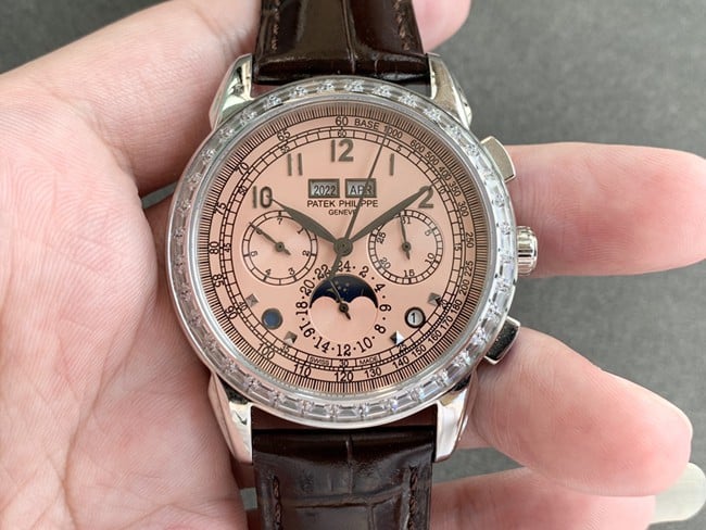Patek Philippe Grande Complications Chronograph Men's Watch with Pink Dial, Diamond Bezel, Perpetual Calendar and Leather Strap
