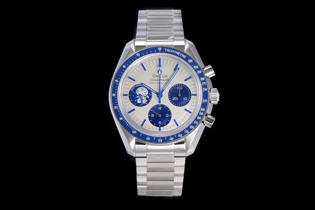 Premium Omega Snoopy Series Men's Steel Strap Watch with Silver Dial and Ceramic Bezel