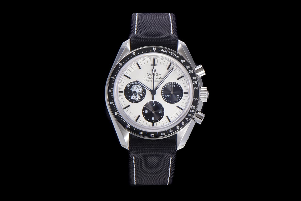 Omega Men's White Plate Nylon Strap Snoopy Series Watch – 50th Anniversary NASA Snoopy Award, Silver Dial and Blue Ceramic Bezel