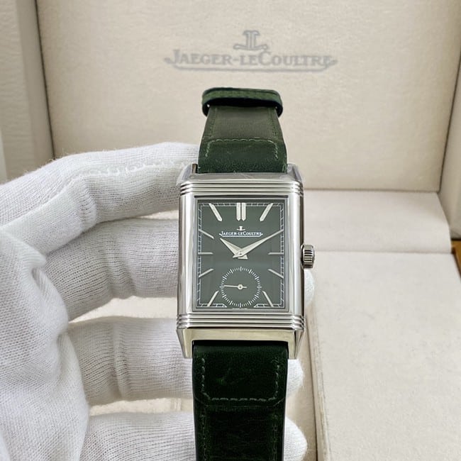 Top CollectJaeger-LeCoultre Men's Green Plate Reverso Classic Large Duoface Small Second Flip Series Manual Winding Belt Watch – 49MMx29MM, 854A/2 Movement