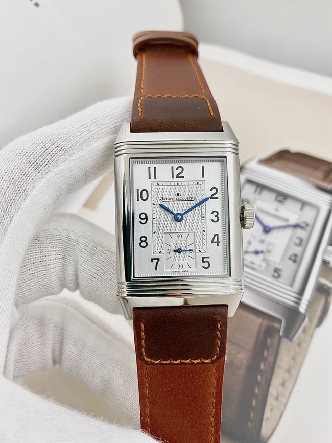 Large Factory Jaeger-LeCoultre Reverso Duoface Flip Series Manual Winding White Dial Brown Strap Watch