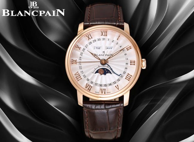 Blancpain top Collectwatch classic 6654 moon phase display series men's white dial brown strap watch front view