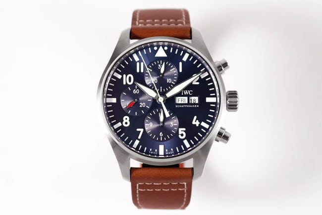 ZF Factory IWC Pilot Chronograph 3777 V2 Upgrade Men's Blue Dial Brown Leather Strap Watch