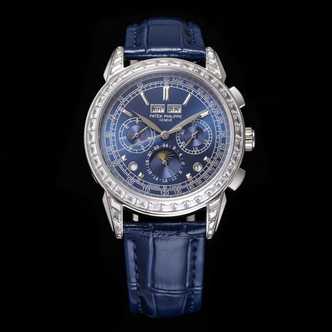 PFF Factory Patek Philippe Réplique de montre chronographe Super Complications Patek Philippe pour hommes avec cadran bleu, mouvement CH 29-535, lunette en diamant et modèle de ceinture