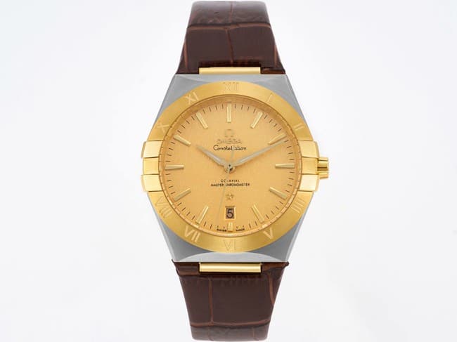 TW Factory Omega Constellation Series Men's Gold Plate Brown Strap Watch 39mm Chronometer with Roman Numerals