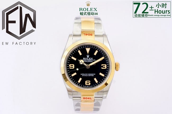 EW Factory Rolex Explorer 36 Series Reloj automático para hombre con esfera negra y banda dorada de dos tonos con nuevo movimiento 3230
