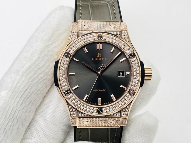 Relógio masculino mecânico automático Hublot Big Bang Sang Bleu - mostrador preto, pulseira verde, design geométrico de precisão