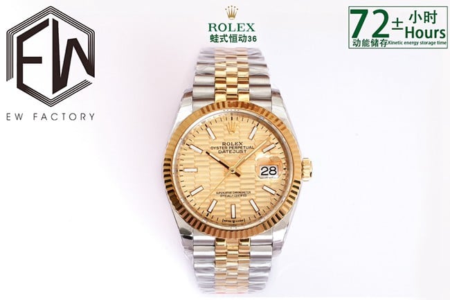 Rolex Rolex Oyster Datejust 36 mm Super Clone da EW Factory Relógio mecânico automático masculino com mostrador dourado, pulseira dourada e movimento 3235