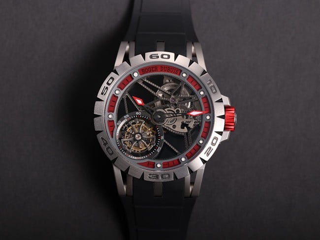 JB Roger Dubuis Excalibur Series Skeletonized Flying Tourbillon Reloj mecánico automático con correa de caucho y placa negra para hombre