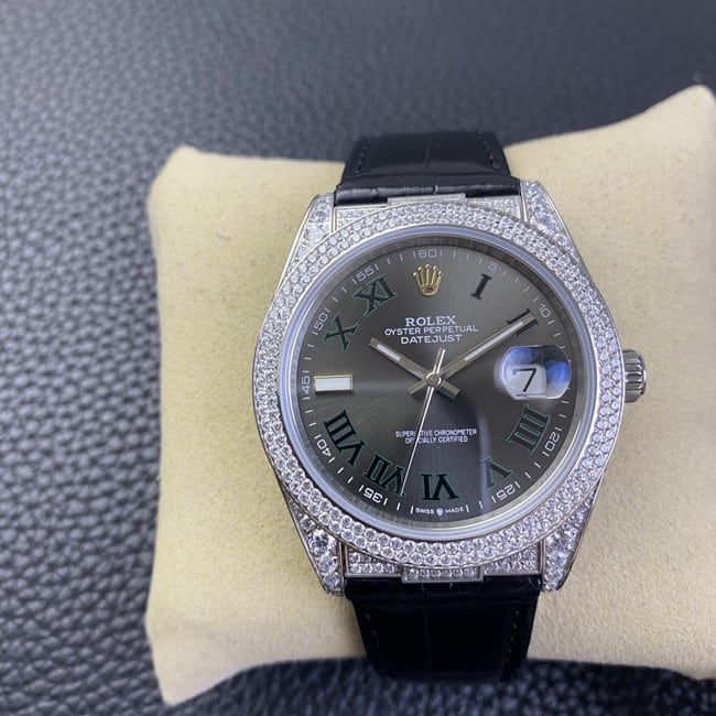 Rolex Men’s Logotype Super Clone Watches Grey Dial with Natural White Stone Black Strap Models