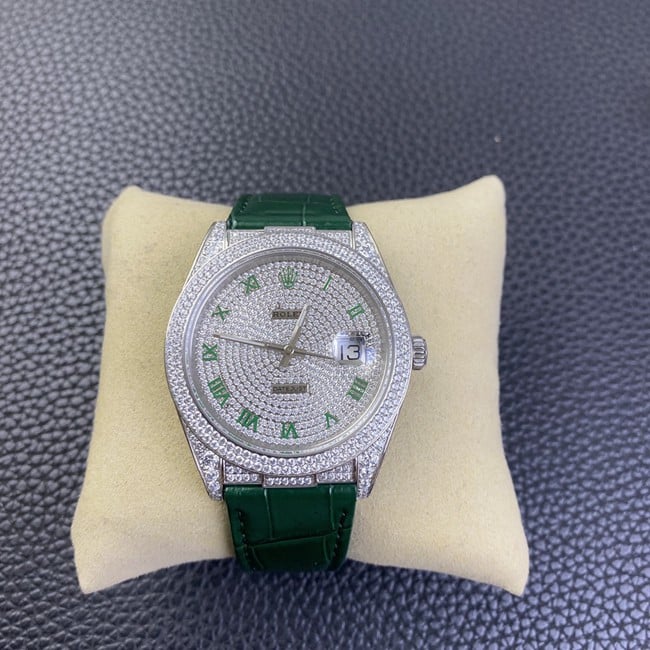 Rolex Rolex men's logotype 1:1 Super A imitation watches with full diamond dial and green strap models