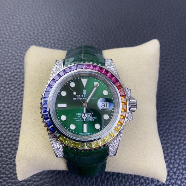 Men's Rolex Submariner Premium Replica Watch with Green Dial, Diamond-Set Bezel, and Folding Buckle Model
