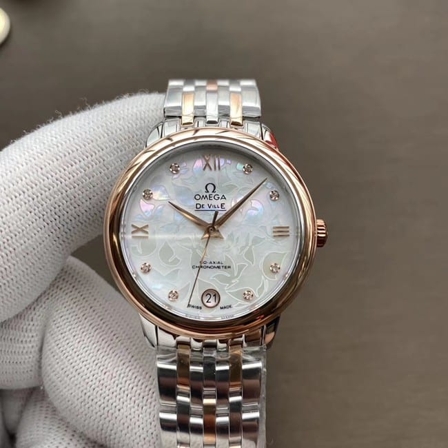 Omega De Ville 1:1 Super A Replica Women's White Mother-of-Pearl Mechanical Watch with Intergold Band 424.20.33.20.55.001