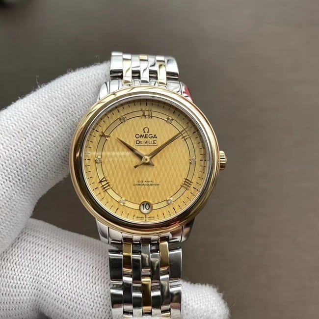 Omega De Ville Damen-Top-Replik aus vergoldetem Stahl im Maßstab Original Factory, Modell 424.20.33.20.58.003