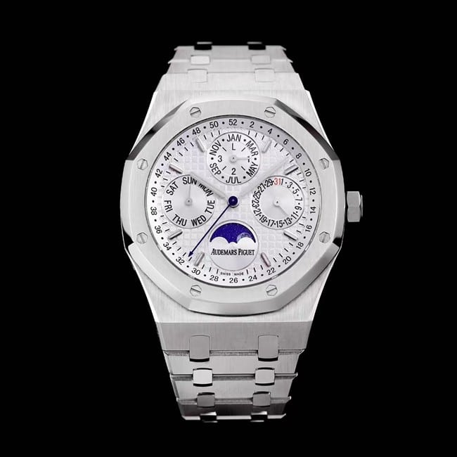 Audemars Piguet APS Factory Audemars Piguet Royal Oak 26574ST.OO.1220ST.001 Men’s Super A Super Clone Watch with Silver White Disk, Perpetual Calendar, Moon Phase and Steel Strap