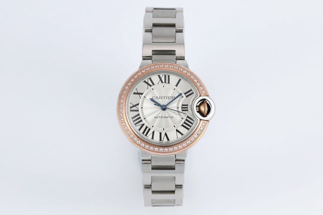 Reloj Cartier Ballon Bleu WE902080 para mujer de la fábrica V6, esfera blanca plateada con bisel en oro rosa de 18 quilates engastado con diamantes, brazalete de acero, superclon superior 1:1