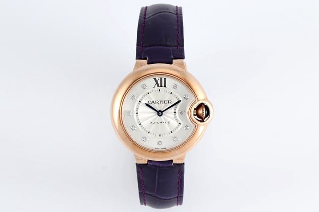 Cartier V6 Factory WGBB0038 Ballon Bleu para damas 33 mm Reloj réplica superior 1:1 Esfera plateada gris Correa de cuero en oro rosa Movimiento mecánico automático