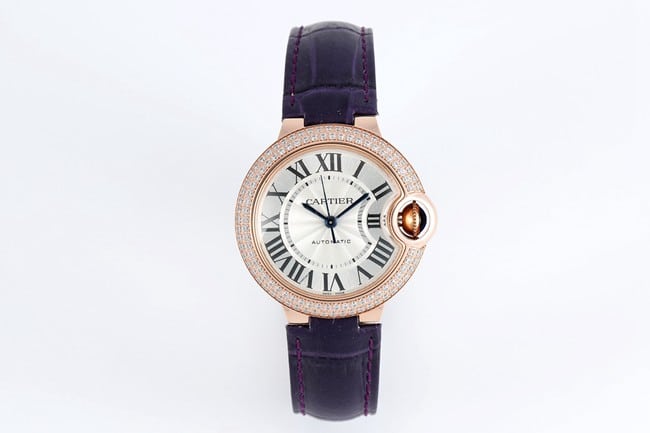Cartier V6 Factory Reloj Cartier Ballon Bleu para mujer de 33 mm Réplica Super A 1:1 con esfera plateada y blanca, bisel con incrustaciones de diamantes en oro rosa, cristal de zafiro, movimiento mecánico automático, correa de cuero WE902066 WE902066