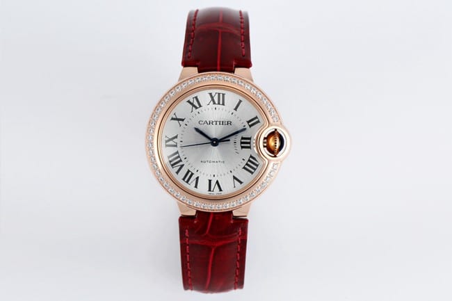 Cartier V6 factory damas Blue Balloon 33 mm mecánico automático 1:1 reloj super A super clon esfera gris plateada correa de diamantes en oro rosa WJBB0033