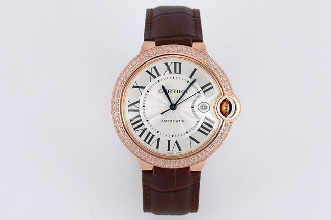 V6 factory Cartier blue balloon 42mm rose gold diamond-set 1:1 super clone with sunray dial and blued steel hands