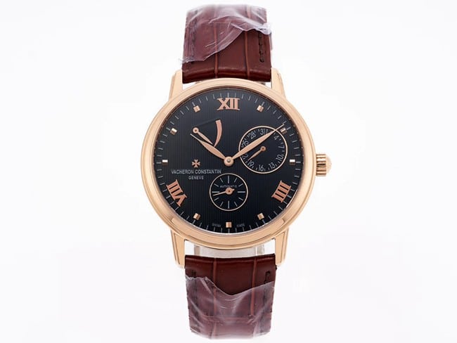 Vacheron Constantin Heritage Series APEX Factory Vacheron Constantin Replica: Rose Gold Case, Black Dial, Power Reserve Display, Red Strap